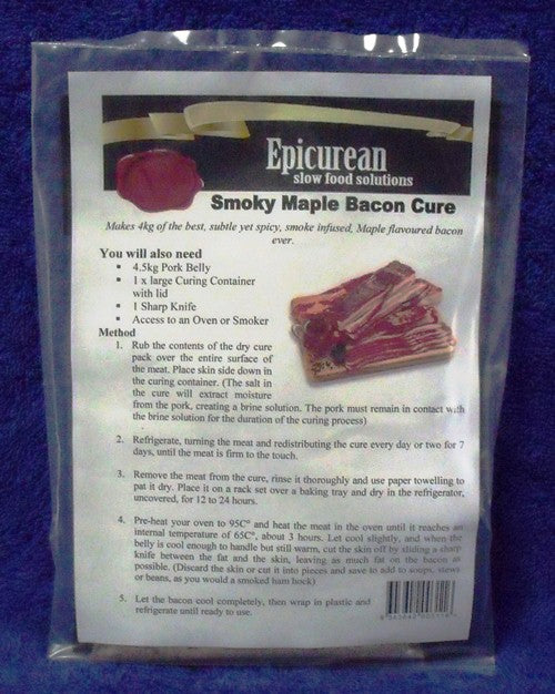 The Epicurean Smoky Maple Bacon Cure has been made to create a full flavoured, subtly spiced, maple flavoured and smoke infused bacon, hints of Juniper and pepper make this cure a standout!